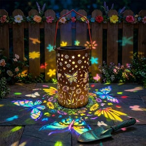 May include: A cylindrical, brown metal solar lantern with a red handle, featuring cut-out butterfly and flower designs. The lantern projects colorful butterfly and flower patterns onto the ground. A small garden trowel is in the foreground, and a wooden fence with floral decorations is in the background.
