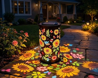 Lanterna solar colorida em formato de girassol – Decoração de jardim em metal, iluminação externa à prova d'água
