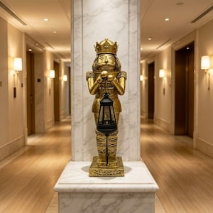 May include: A gold-colored nutcracker statue with a crown and mustache, holding a black lantern. The statue is on a marble base in a hallway with warm lighting and wooden floors.