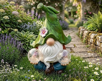 Solar Garden Gnome Statue with Crackle Glass Ball Lights, Meditating LED Outdoor Sculpture, Fairy Garden Yard Decor,Patio Lawn Ornament Gift