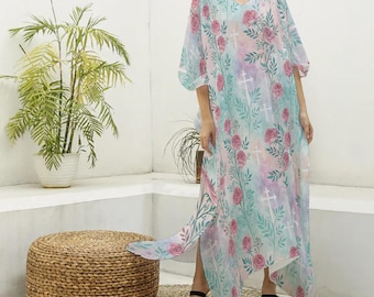 Floral Cross Print | Women's Imitation Silk V-neck Kaftan Robe