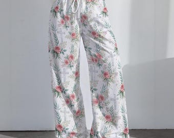 Floral Cross Print (White) | Women's High-Stretch Casual Pants|290GSM