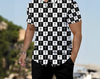 Checkered Cross All-Over Print Men's Summer Shirt Set
