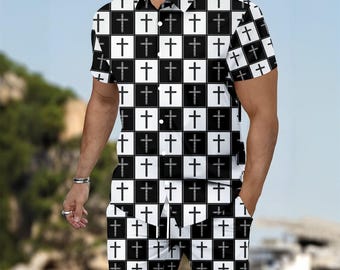 Checkered Cross All-Over Print Men's Summer Shirt Set