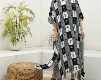 Checkered Cross Print | Women's Imitation Silk V-neck Kaftan Robe
