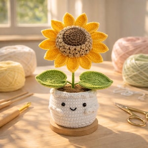 May include: A handcrafted crochet sunflower in a white pot with a smiling face. The sunflower has yellow petals and a brown center. Green leaves and a wooden base complete the design. Yarn and crochet hooks are in the background.