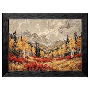 Textured Oil Style Autumn Mountain Panoramic Landscape, Golden Birches, Black Frame