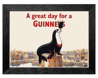 Vintage Sea Lion Balancing Guinness Glass Framed Art, Retro Illustration, Black Frame