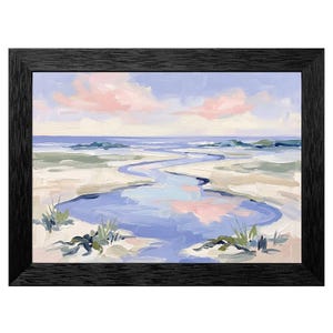 May include: An abstract landscape painting in a black frame. The artwork depicts a beach scene with a winding stream reflecting the sky's pink and blue hues. Green and beige brushstrokes create the sand and vegetation.