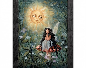 Whimsical Fairy Sun Vintage Storybook Framed Art, Magical Nursery Decor