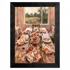 Framed Impressionist Dining Table Scene, Warm Evening Light Oil Painting Style, Textured Black Frame