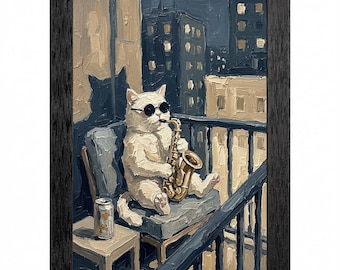 Könnte beinhalten: Gerahmter Kunstdruck eines weißen Katers mit Sonnenbrille, der Saxophon auf einem Balkon spielt, mit einer Stadtkulisse in der Dämmerung. Die Katze sitzt auf einem blauen Stuhl, mit einer Dose auf einem kleinen Tisch. Das Kunstwerk ist in einem dunklen Holzrahmen.