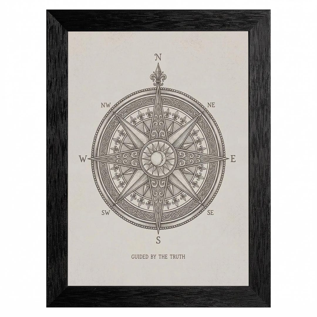 Nautical Compass Ink Vintage Compass Rose Print, Guided by Truth, Minimalist Ink Art, Framed ...