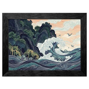 Framed Ocean Wave Art, Crashing Sea Dark Cliffs, Woodblock Style Indigo Teal