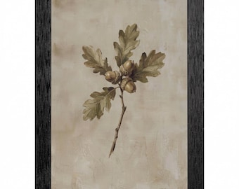 Vintage Oak Acorn Botanical Oil Painting, Textured Rustic Nature Art, Black Frame