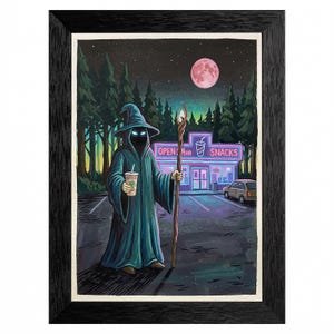 May include: Framed art print depicting a wizard in a teal robe and hat, holding a staff and a beverage, standing in front of a snack shop at night. The shop sign reads "OPEN 24HR SNACKS" under a pink moon.