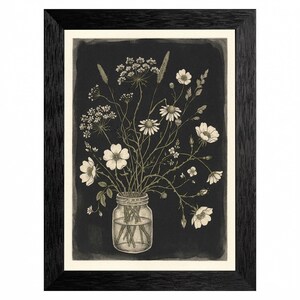 May include: A framed botanical print featuring a detailed illustration of wildflowers in a glass jar. The artwork showcases white flowers and green stems against a dark background, encased in a black wooden frame.