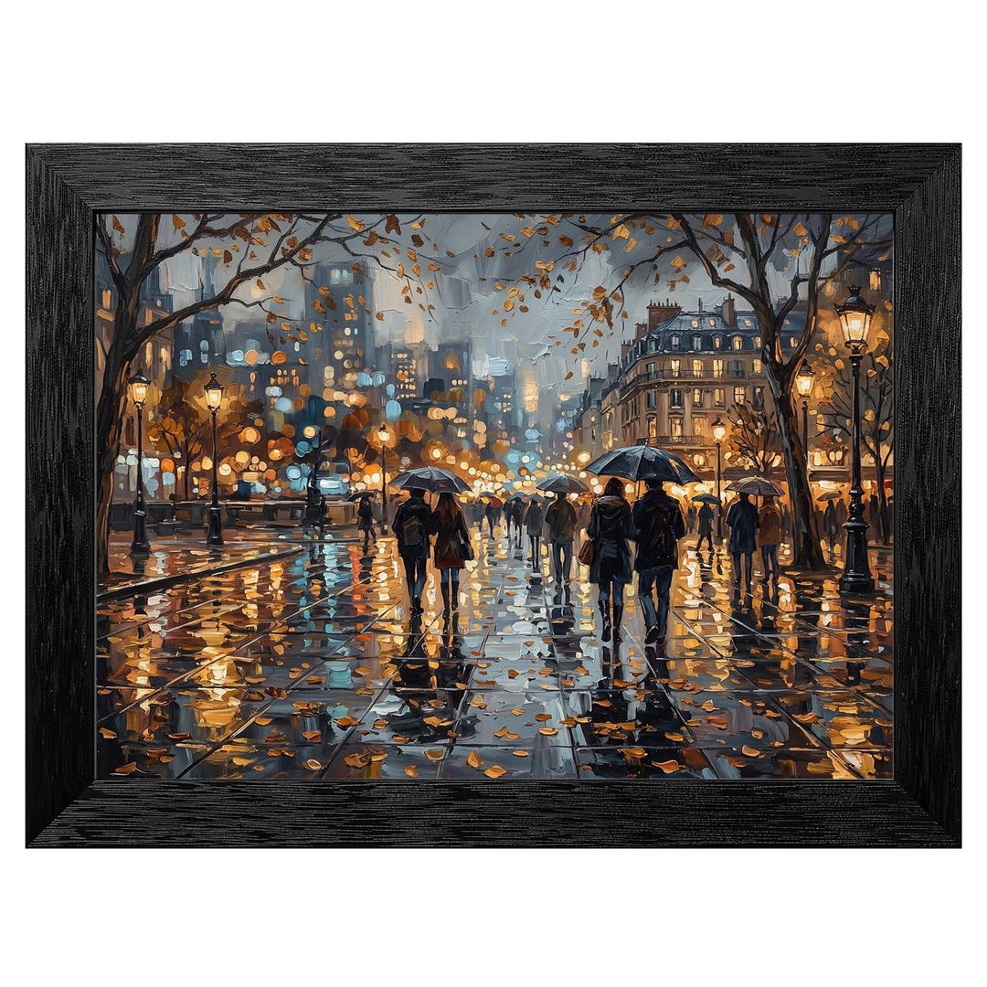 Impressionist City Street Art, Rainy Night Scene With Umbrellas ...