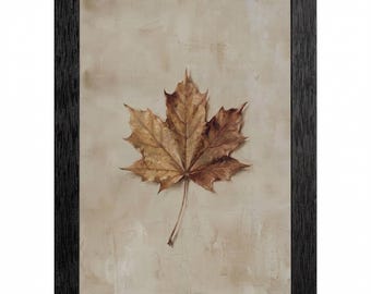 Framed Vintage Maple Leaf Art, Rustic Botanical Oil Painting, Textured Black Frame