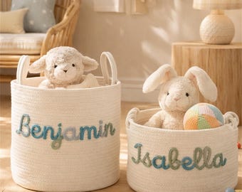 Cesta personalizada hecha a mano, regalo para bebé, regalo para baby shower, cesta de cuerda de algodón, cesta para bebé, cesta de juguetes, monograma con nombre para recién nacido, regalo para bebé