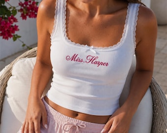 Custom Embroidered Lace Trim Tank Top, Personalized Text or Logo Ribbed Camisole, Minimalist Monogram Fitted Cami Shirt Aesthetic Gift