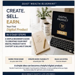 Puede incluir: Una guía digital titulada Quiet Wealth Blueprint con el texto Create. Sell. Earn. Your First Digital Product In 5 Easy Steps. La imagen muestra un portátil con Digital Product Sold, un cuaderno con You Can Do This y una taza.