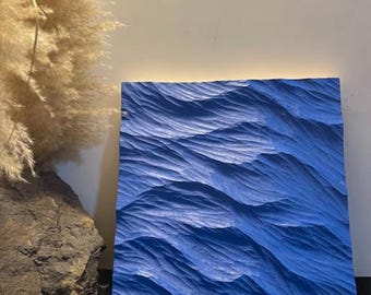 Hand Carved Wood Wall Art, 3D Ocean Wave Sculpture, Blue Dune Texture Decor