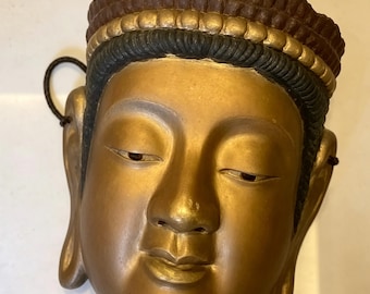 Vintage Japanese Buddha Wall Mask | Golden Showa Era Face Hanging | Zen Meditation Decor