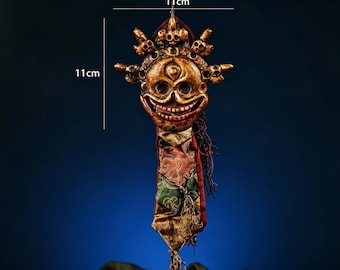 Vintage Tibetan Citipati Skull Mask Pendant, Copper Buddhist Amulet with Silk Fabric