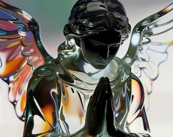 Hand-Painted Chrome Angel Skull Painting, Surreal Dark Wall Art