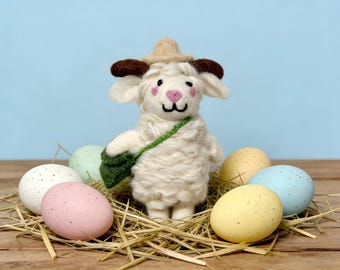 Handmade Wool Felt Lamb Figurine: Boho Folk Art Easter Decor, Gift for Girls