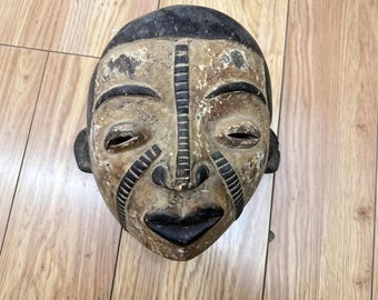 Vintage African Tribal Wooden Mask, Hand Carved Wall Decor