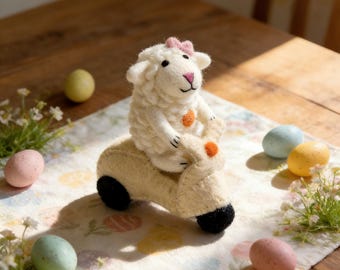 Girl Lamb with Pink Bow Spring Easter Tabletop Wool Felt Decor, Gift for Girls