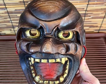 Vintage Japanese Noh Demon Mask, Hand Carved Solid Wood Kagura Theater Mask