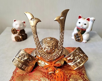 Vintage Japanese Samurai Kabuto Helmet, Gold Tone Metal Armor Ornament with Nishijin Brocade
