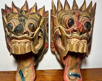Vintage Balinese Barong Mask Pair, Hand-Carved Wood, Gold Painted