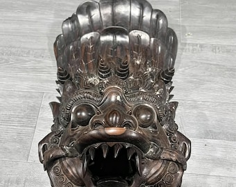 Vintage Balinese Barong Mask, Hand Carved Black Wood Dragon Mask Wall Decor