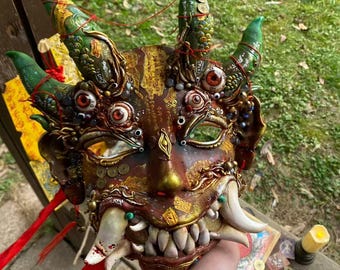 Handmade Tibetan Spirit Mask, Multi-Eyed Folk Art Wall Decor, Tantric Ethnic Sculpture