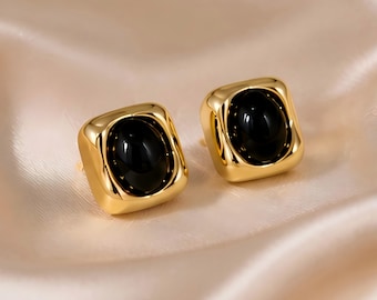 Gold Plated Sterling Silver Black Agate Stud Earrings, Minimalist Retro Gemstone Jewelry