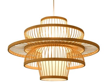 Handwoven Bamboo Pendant Light, Boho Japandi Ceiling Lamp