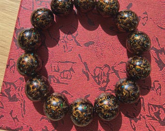 Handmade Lacquer Mother-of-Pearl Bracelet, Black Sandalwood Beads, Ethnic Spiritual Jewelry
