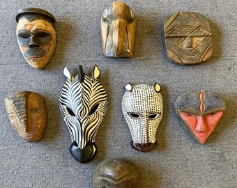 Set of 8 Vintage Hand Carved African Wood Masks, Protection Spirit Tribal Art