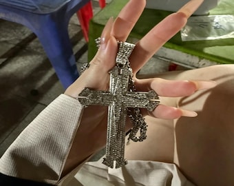 Vintage Y2K Crystal Cross Necklace, Silver Tone Statement Pendant