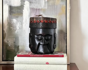 Vintage African Tribal Bird Mask, Hand Carved Wood Mask with Feather & Red Fabric