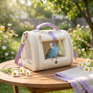 May include: A cream-colored pet carrier with lavender accents, a top handle, and a shoulder strap. The carrier features mesh side panels and a front window with a roll-up flap, currently occupied by a small blue and white budgerigar bird.
