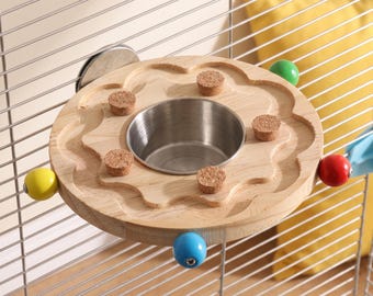 Parrot Foraging Perch Toy with Stainless Steel Bowl, Bird Cage Food Station, Wooden Puzzle Toy for Cockatiel, Conure, Lovebird