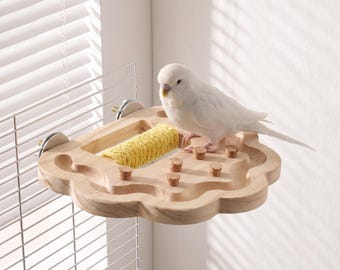 Wooden Parrot Perch with Food Bowl, Bird Cage Feeding Station and Foraging Puzzle Toy for Cockatiel Lovebird