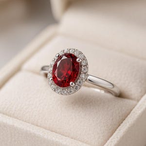 Peut inclure: Une bague en argent avec une grosse pierre rouge foncé de forme ovale, entourée d'un halo de petites pierres claires. La bague est présentée dans un écrin en velours blanc, mettant en valeur le bijou.