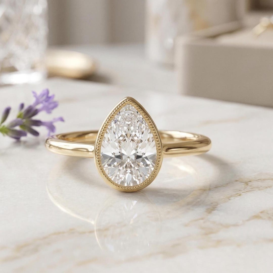 Pear Cut Diamond Bezel Engagement Ring, Minimalist Gold Solitaire Ring ...