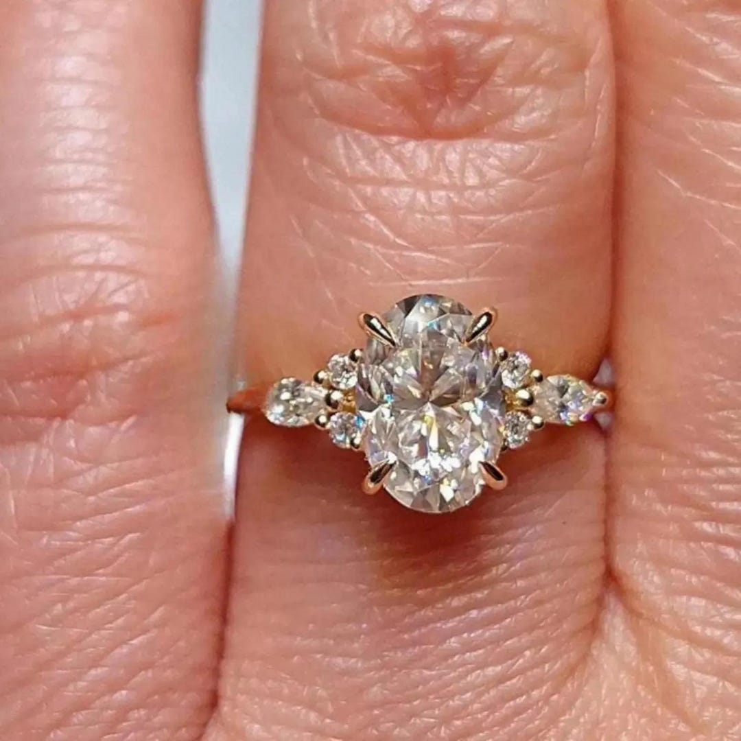 Oval Cut Moissanite Engagement Ring With Pear & Round Side Stones, 14K ...
